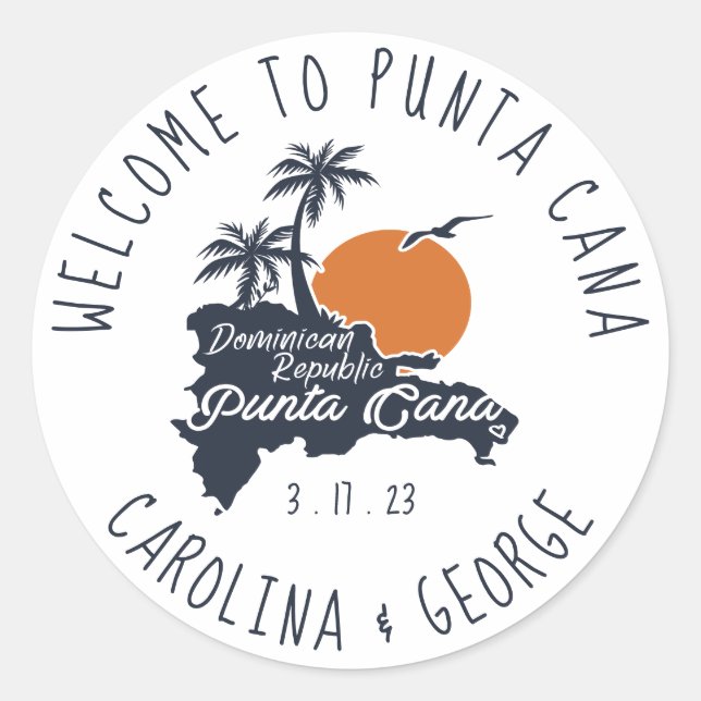 Punta Cana Navy Retro Sunset Custom Wedding Classic Round Sticker (Front)