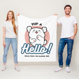 Pup a Hello! – Happy White Dog Cartoon Design Fleece Blanket