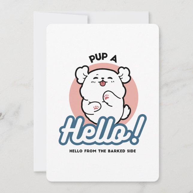 Pup a Hello! – Happy White Dog Cartoon Design Holiday Card (Front)