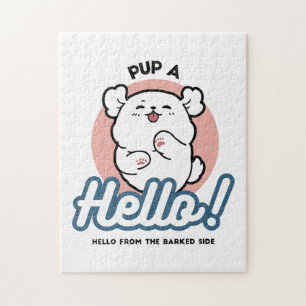 Pup a Hello! – Happy White Dog Cartoon Design Jigsaw Puzzle