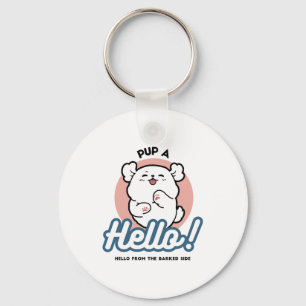 Pup a Hello! – Happy White Dog Cartoon Design Key Ring
