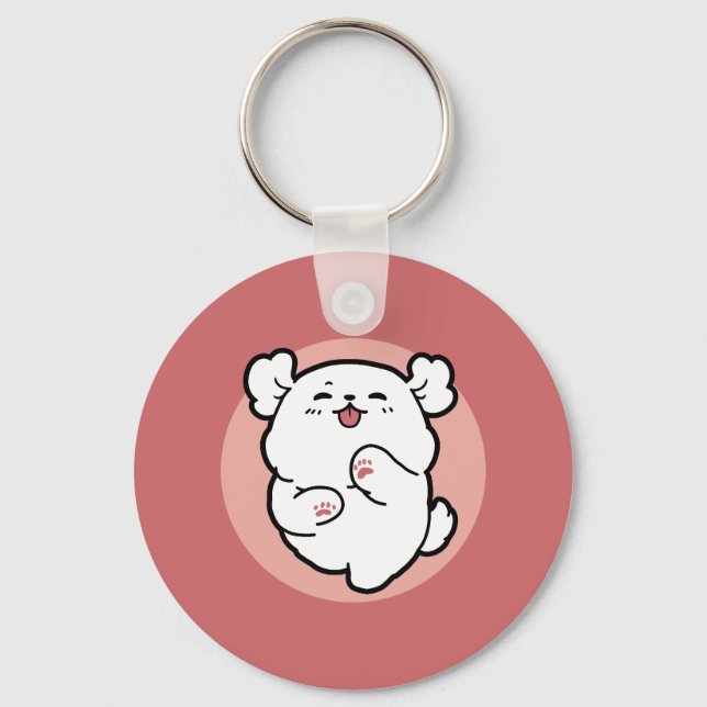 Pup a Hello! – Happy White Dog Cartoon Design Key Ring (Front)