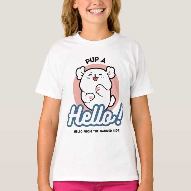 Pup a Hello! – Happy White Dog Cartoon Design T-Shirt (Front)