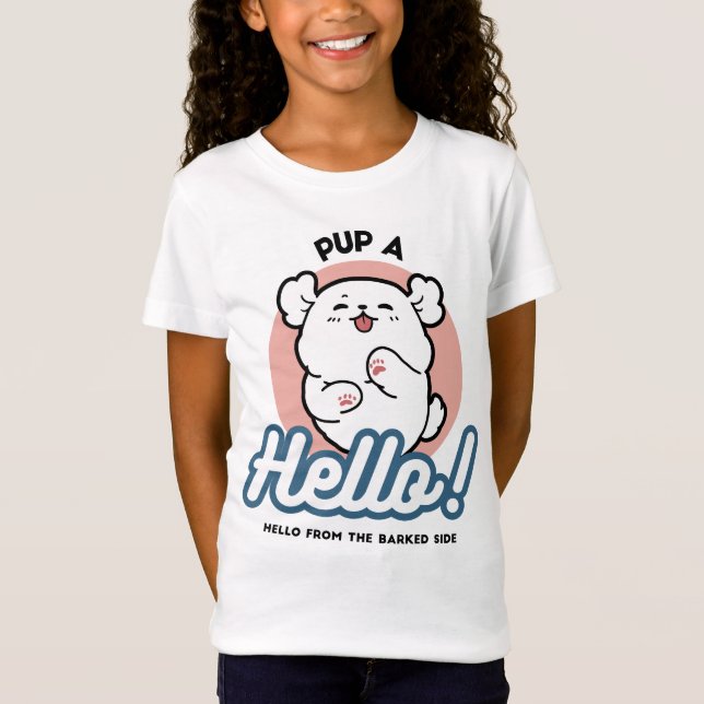 Pup a Hello! – Happy White Dog Cartoon Design T-Shirt (Front)