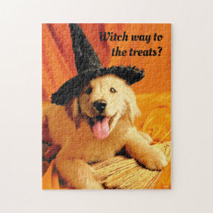 Pup With Witch Hat and Broom Jigsaw Puzzle