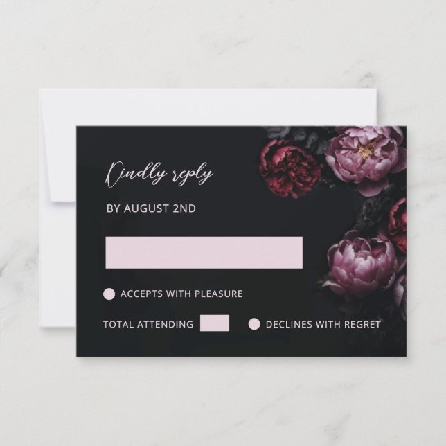 Puple Red 3D Flowers Black RSVP Card (Front)