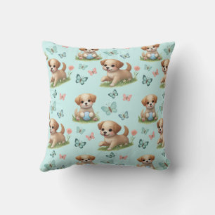 Puppies and Butterflies on Blue Cushion
