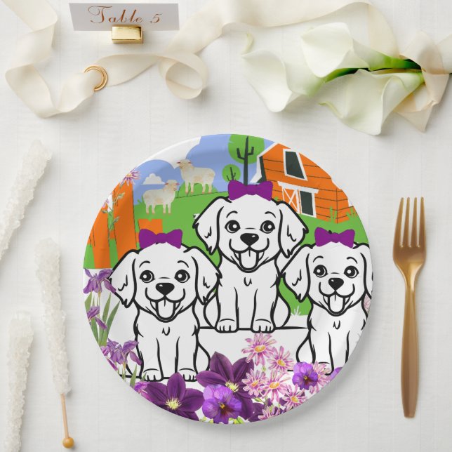 Puppies And Flowers  Paper Plate (Wedding)
