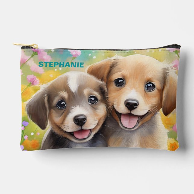 Puppies Cute Personalised Kids Name Accessory Pouch (Front)