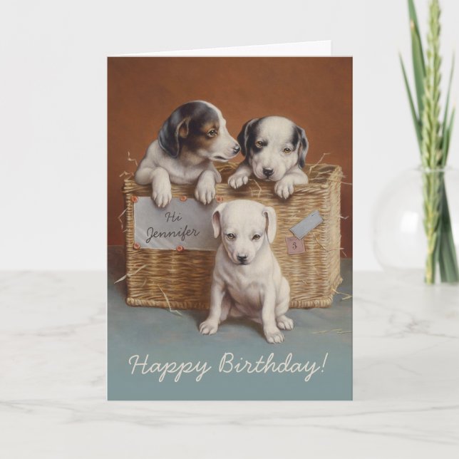 Puppies in a basket CC0063 Carl Reichert Birthday Card (Front)