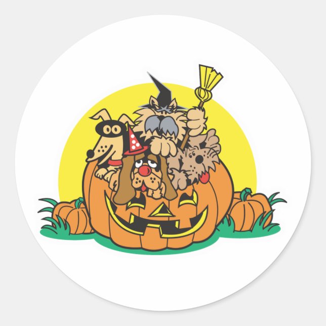 puppies in a pumpkin classic round sticker (Front)