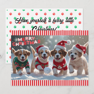 Puppies in Christmas Sweaters & Snow Personalised Holiday Card