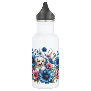 Puppies In Colourful Flowers White 532 Ml Water Bottle