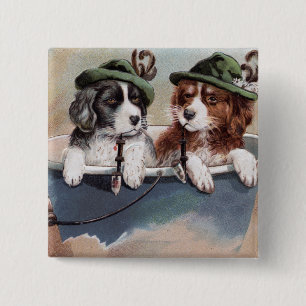 Puppies in Hats with Pipes 15 Cm Square Badge