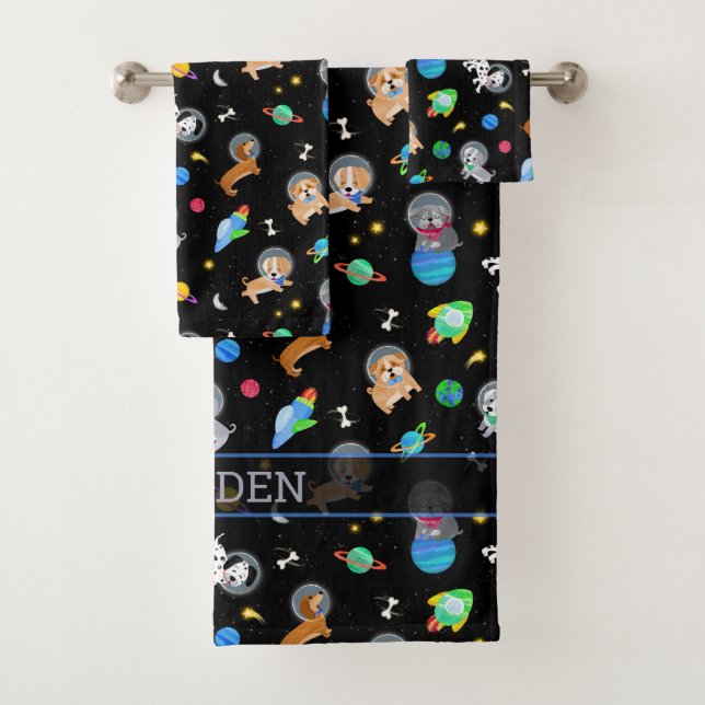 Puppies In Space Watercolor Dog Astronauts Bath Towel Set (Insitu)