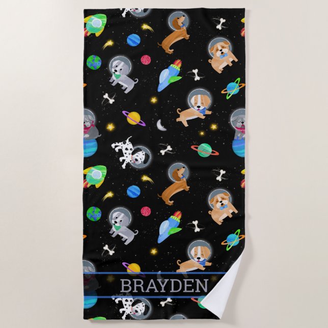 Puppies In Space Watercolor Dog Astronauts Beach Towel (Front)
