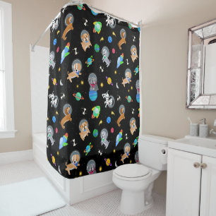 Puppies In Space Watercolor Dog Astronauts Shower Curtain