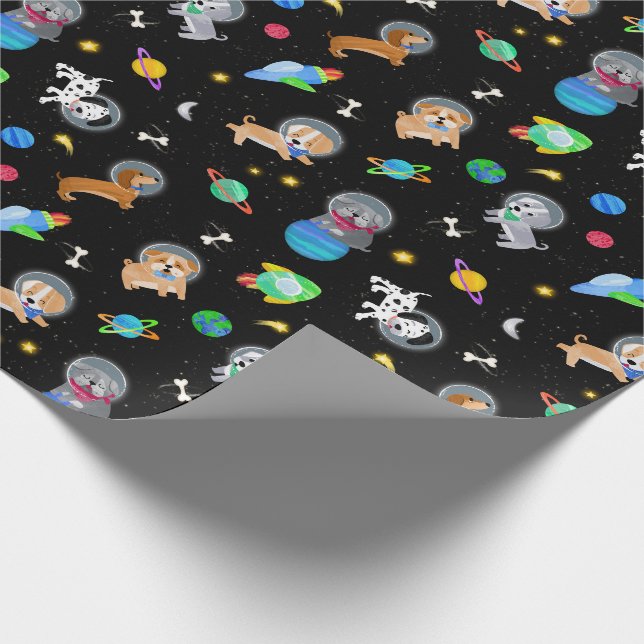 Puppies In Space Watercolor Dog Astronauts Wrapping Paper (Corner)