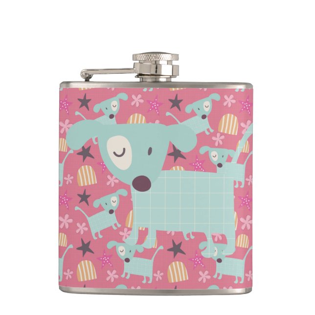 Puppies, Stars, and Flowers Hip Flask (Front)