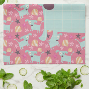 Puppies, Stars, and Flowers Tea Towel