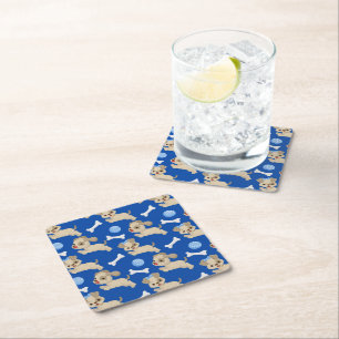 Puppies White Dog Bones Blue Ball Animal Lover Square Paper Coaster