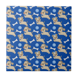 Puppies White Dog Bones Blue Ball Animal Lover Tile