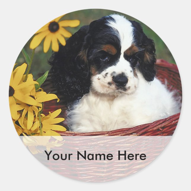 Puppy and Flowers in a Basket Bookplate Sticker (Front)