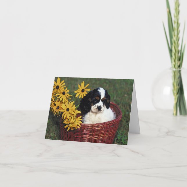 Puppy and Flowers in a Basket Note Card (Front)