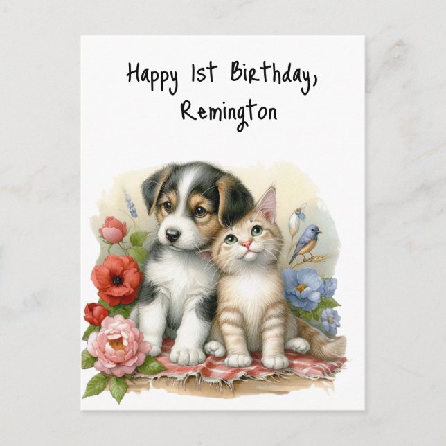 Puppy and Kitten Baby First Birthday Personalised Postcard (Front)
