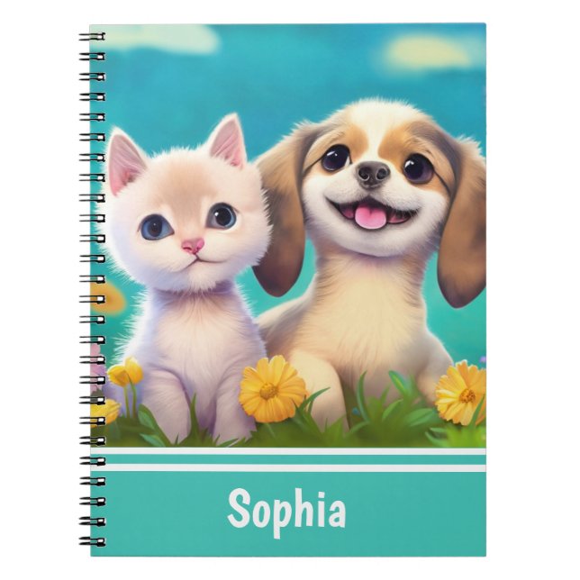 Puppy and Kitten Cute Personalised Kids Name Notebook (Front)