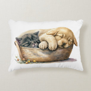 Puppy And Kitten In Basket Decorative Cushion