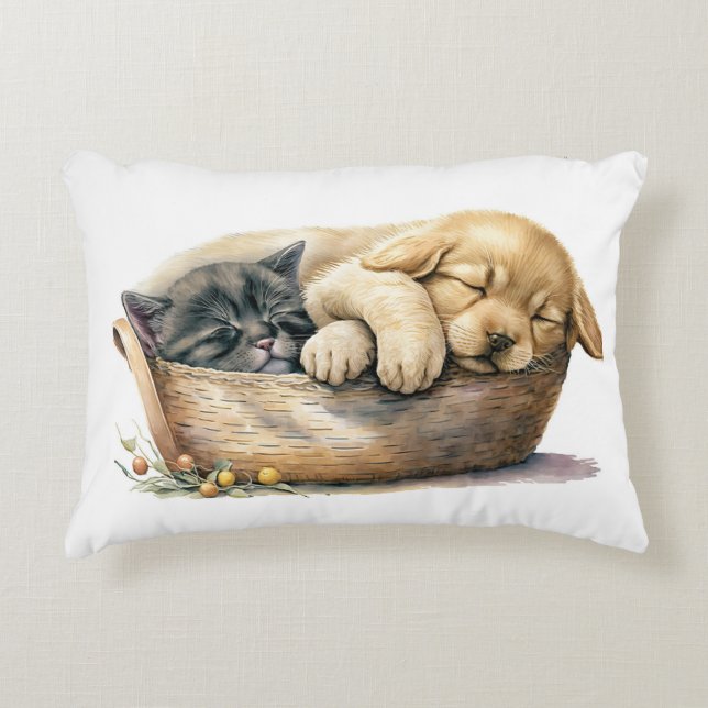 Puppy And Kitten In Basket Decorative Cushion (Front)