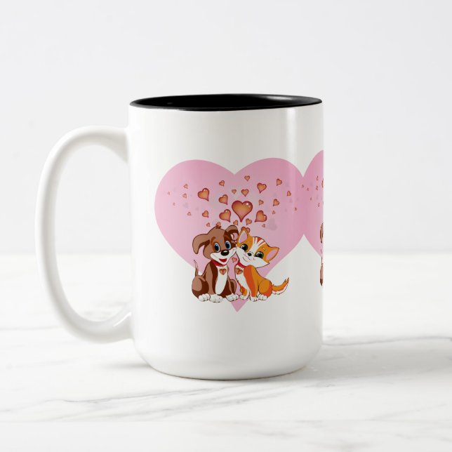 Puppy and Kitten Love Two-Tone Coffee Mug (Left)