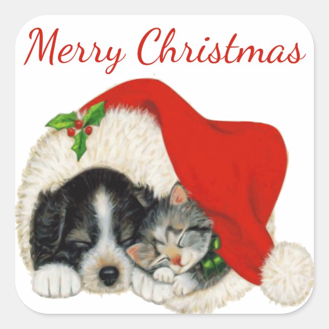 Puppy and Kitten Merry Christmas Sticker (Front)