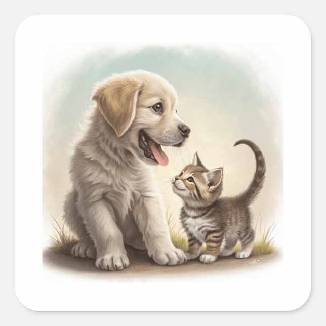 Puppy And Kitten Square Sticker (Front)