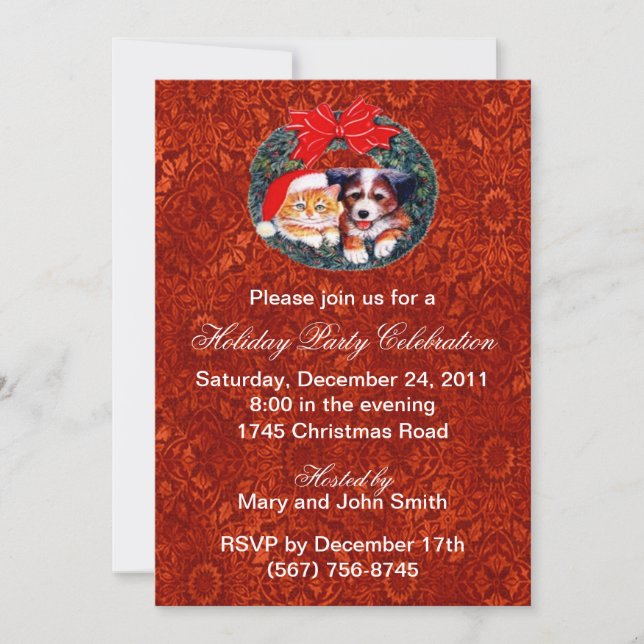 Puppy And Kitten Wreath Holiday Party Invitations (Front)