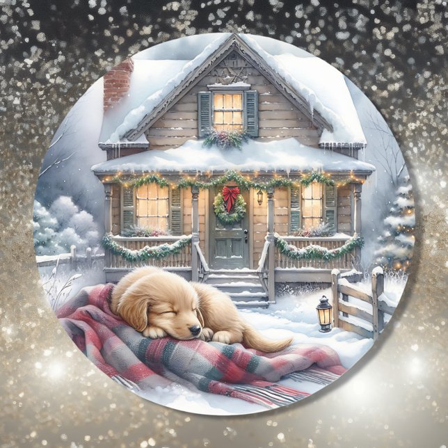 Puppy Asleep on Festive Front Porch Christmas Classic Round Sticker (Creator Uploaded)
