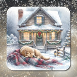 Puppy Asleep on Festive Front Porch Christmas Square Sticker<br><div class="desc">A sweet ai art watercolor illustration of a little puppy asleep on a blanket in front of an old rustic farmhouse with Christmas lights and decorations stickers.</div>