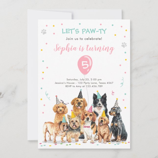 Puppy Birthday Invitation Dog Party Pawty Girl (Front)