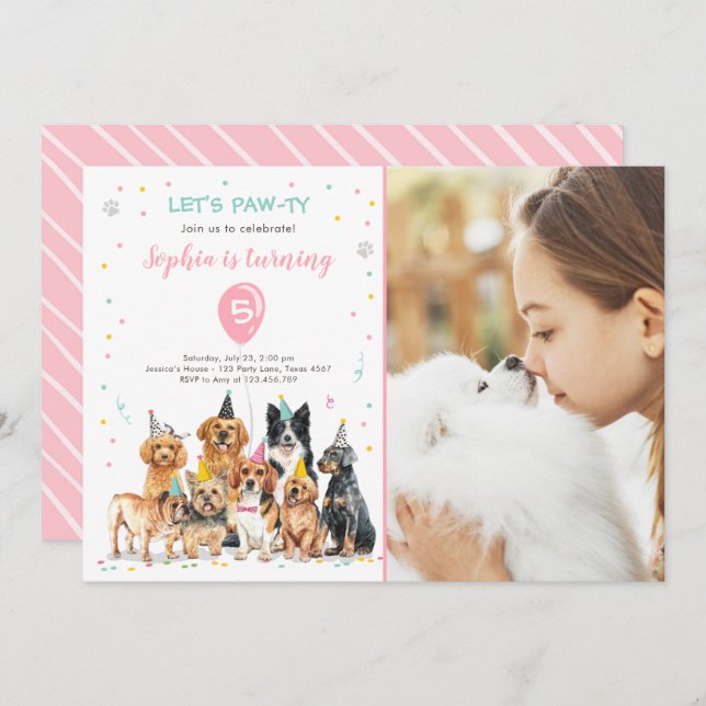 Puppy Birthday Invitation Dog Party Pawty Girl (Front/Back)