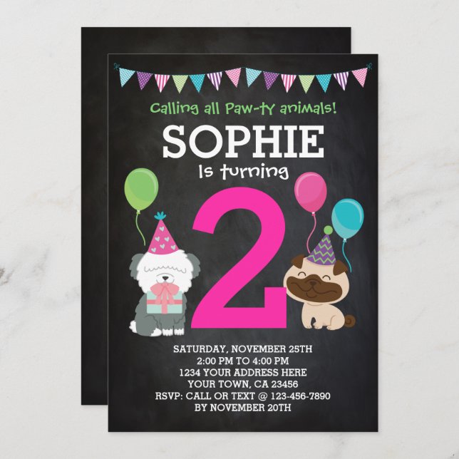 Puppy Birthday Invitation for girls, chalkboard (Front/Back)