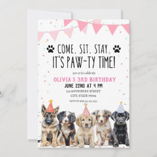 PUPPY BIRTHDAY INVITATION GIRL LET'S PAWTY INVITE