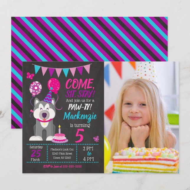 Puppy Birthday Invitation Girl Paw-ty Husky (Front/Back)