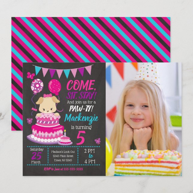 Puppy Birthday Invitation Girl Paw-ty Party (Front/Back)
