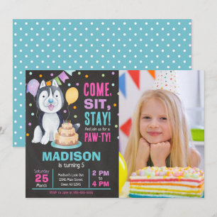 Puppy Birthday Invitation Photo Girl Paw-ty Husky