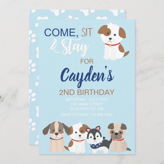 Puppy birthday party invitation Blue (Front/Back)