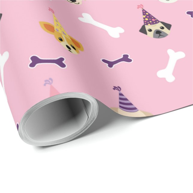 Puppy Birthday Party Wrapping Paper-Pink & Purple  Wrapping Paper (Roll Corner)