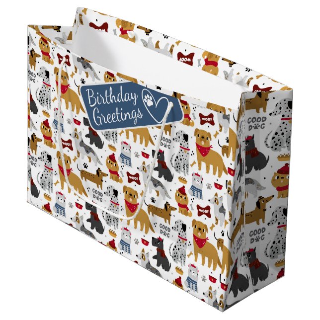 Puppy Breeds Cartoon Pattern with Custom Greeting Large Gift Bag (Front Angled)