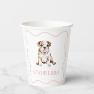 Puppy bulldog preppy pink plaid birthday paper cups