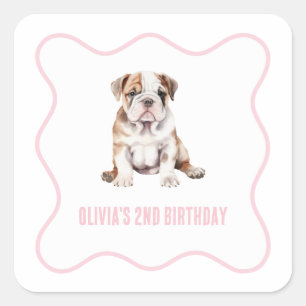 Puppy bulldog preppy pink plaid birthday square sticker